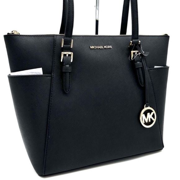 Michael Kors Large Charlotte Tote Bag Leather Black/Gold - Picture 1 of 12